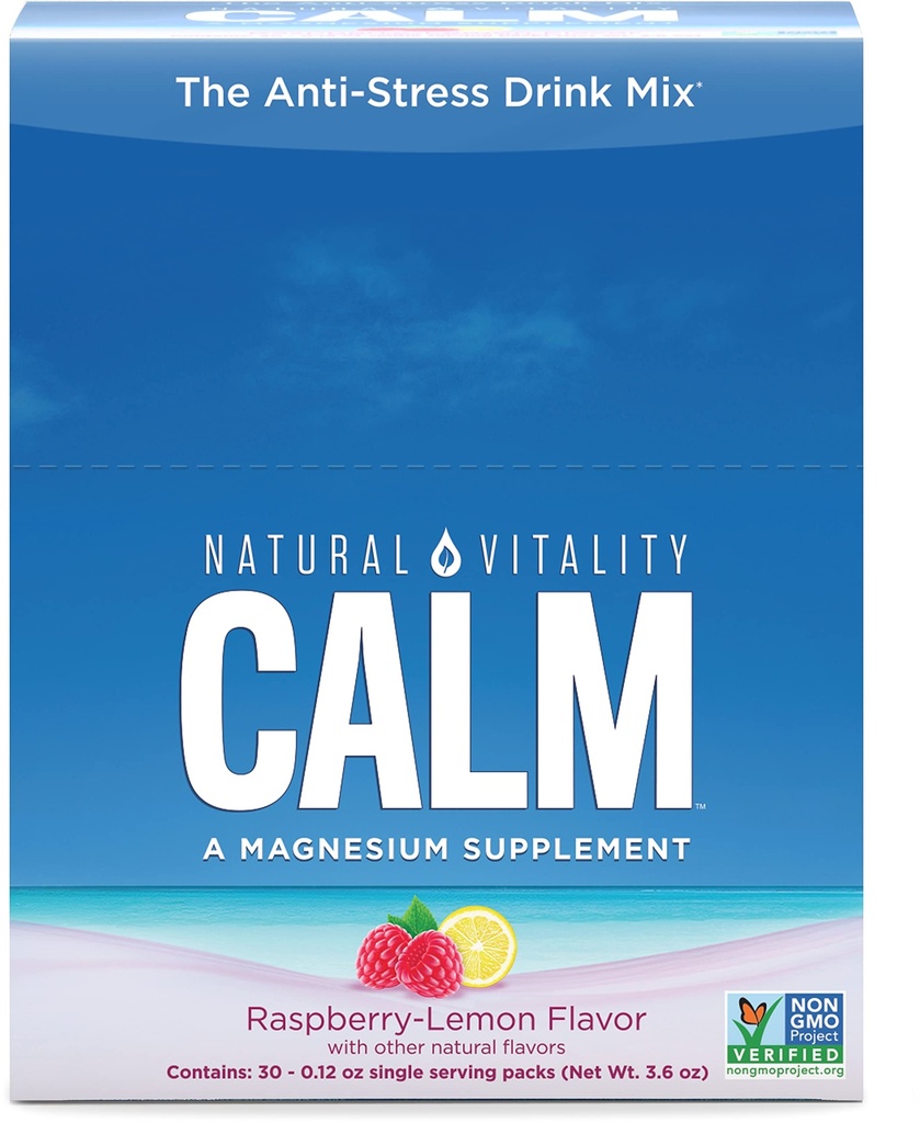 Vitalité naturelle Calme, supplément de citrate de magnésium, poudre de mélange anti-stress, sans gluten, végétalien et non-OGM, citron framboise, 0,12 oz, 30 paquets