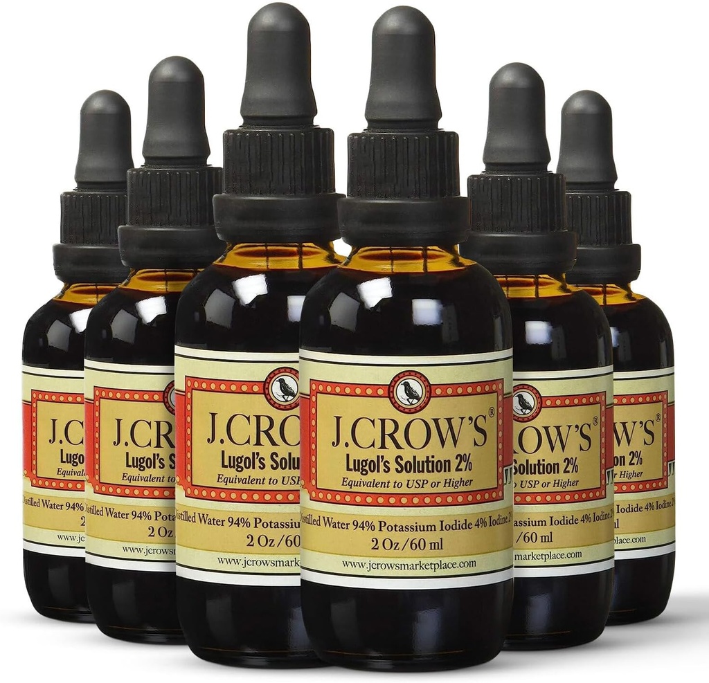 Solution d'iode de J.CROW'S® Lugol 2 % 2 oz (6 bouteilles) – Iodine et iode de potassium de qualité supérieure, extrait naturel de saumure liquide, gluten et sans alcool, sans expire