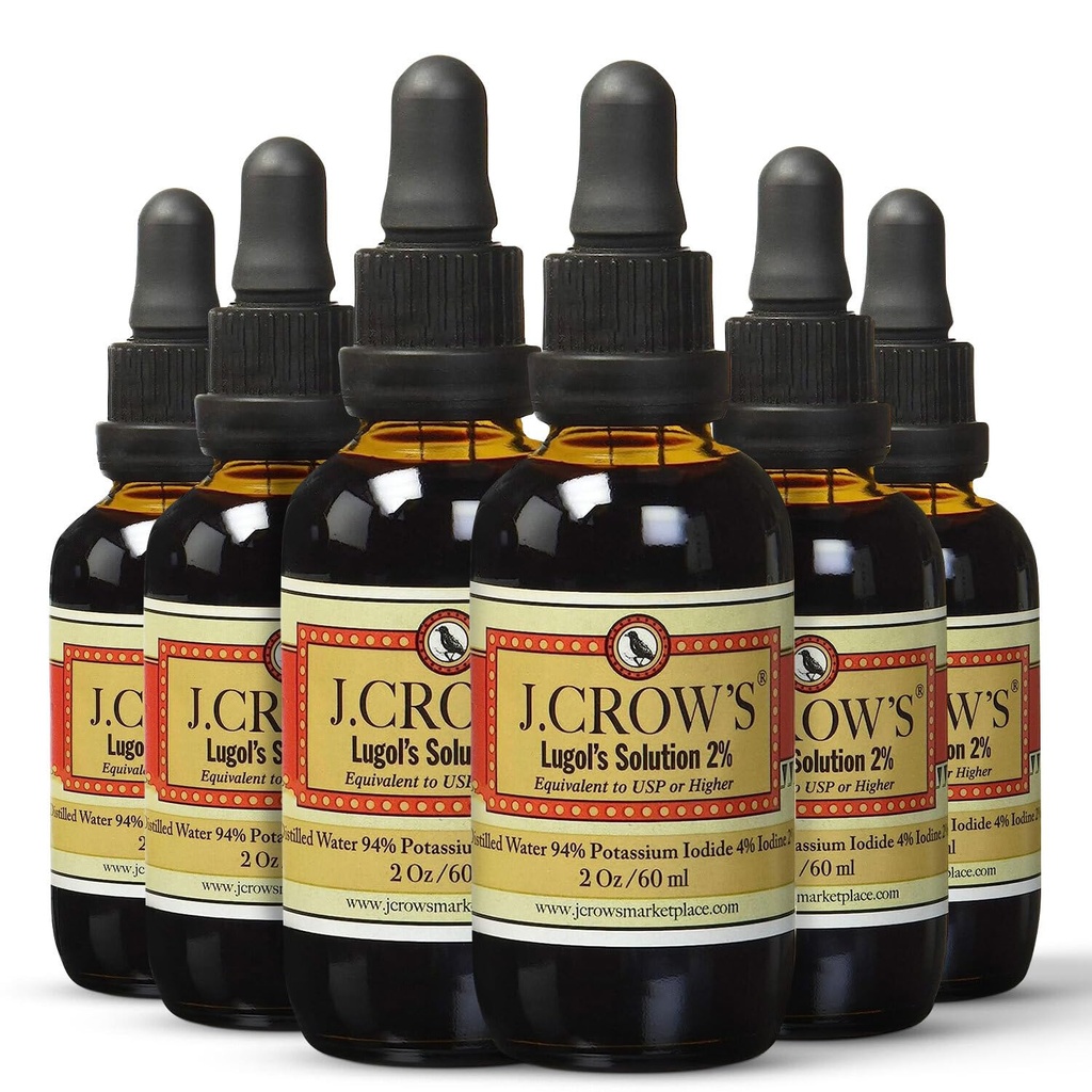 Solution d'iode de J.CROW'S® Lugol 2 % 2 oz (6 bouteilles) – Iodine et iode de potassium de qualité supérieure, extrait naturel de saumure liquide, gluten et sans alcool, sans expire