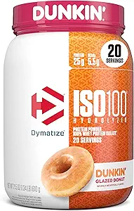 Dymatiser x Donut émaillé Dunkin' ISO100 poudre de protéines de lactosérum, 25g de protéines, 5,5g BCAA, 120 Cal., sans gluten, 1g de gras, 1g de sucre, 2g de glucides (20 portions)