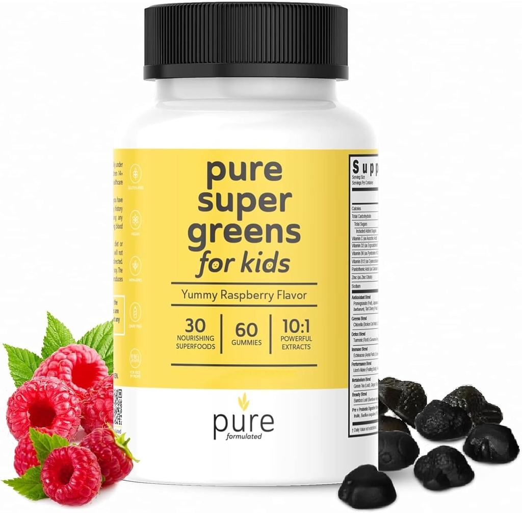 Super Greens Multivitamine Gummies pour adultes et enfants Imune Support et santé digestive - Supplément probiotique de fibre quotidienne Fruits et légumes Gummy à croquer - Arôme framboise - 60 jours d'approvisionnement