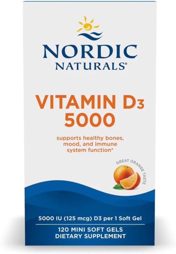 Nordic Naturals Vitamine D3 5000, Orange - 120 Mini Gels Soft - 5000 UI Vitamine D3 - Soutient les os sains, l'humeur et le système immunitaire - Non-OGM - 120 portions