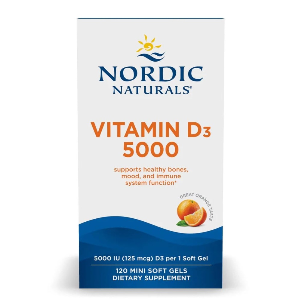 Nordic Naturals Vitamine D3 5000, Orange - 120 Mini Gels Soft - 5000 UI Vitamine D3 - Soutient les os sains, l'humeur et le système immunitaire - Non-OGM - 120 portions