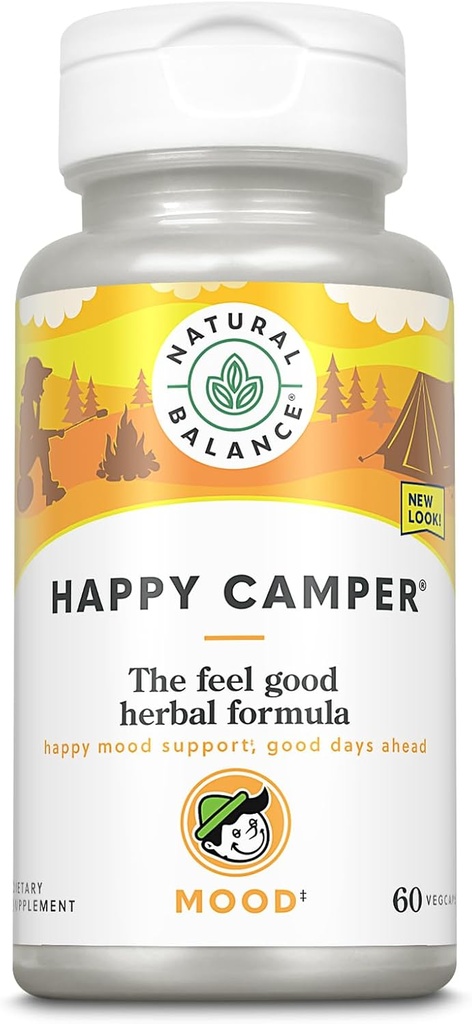 Natural Balance Happy Camper - Supplément de soutien pour l'humeur agréable - Gotu Kola, Fleur de Passion et Capsules Kava Kava - Garantie de 60 jours (30 portions, 60 VegCaps)