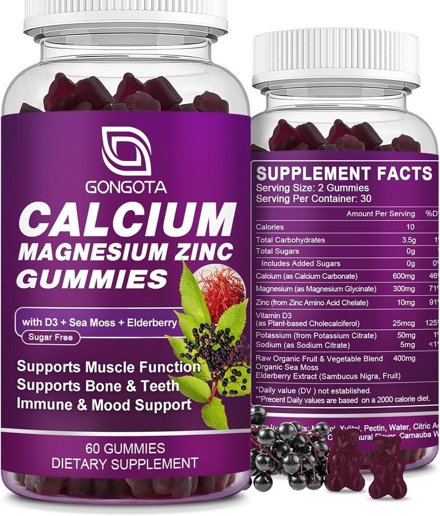Zinc de magnésium de calcium avec supplément de vitamine D3, Gommies de calcium très absorbantes avec 300 mg de glycinate de magnésium Soutien os et dents, Muscle pour adultes et adolescents, Sans sucre, Vegan - 60 Compte
