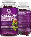 Zinc de magnésium de calcium avec supplément de vitamine D3, Gommies de calcium très absorbantes avec 300 mg de glycinate de magnésium Soutien os et dents, Muscle pour adultes et adolescents, Sans sucre, Vegan - 60 Compte