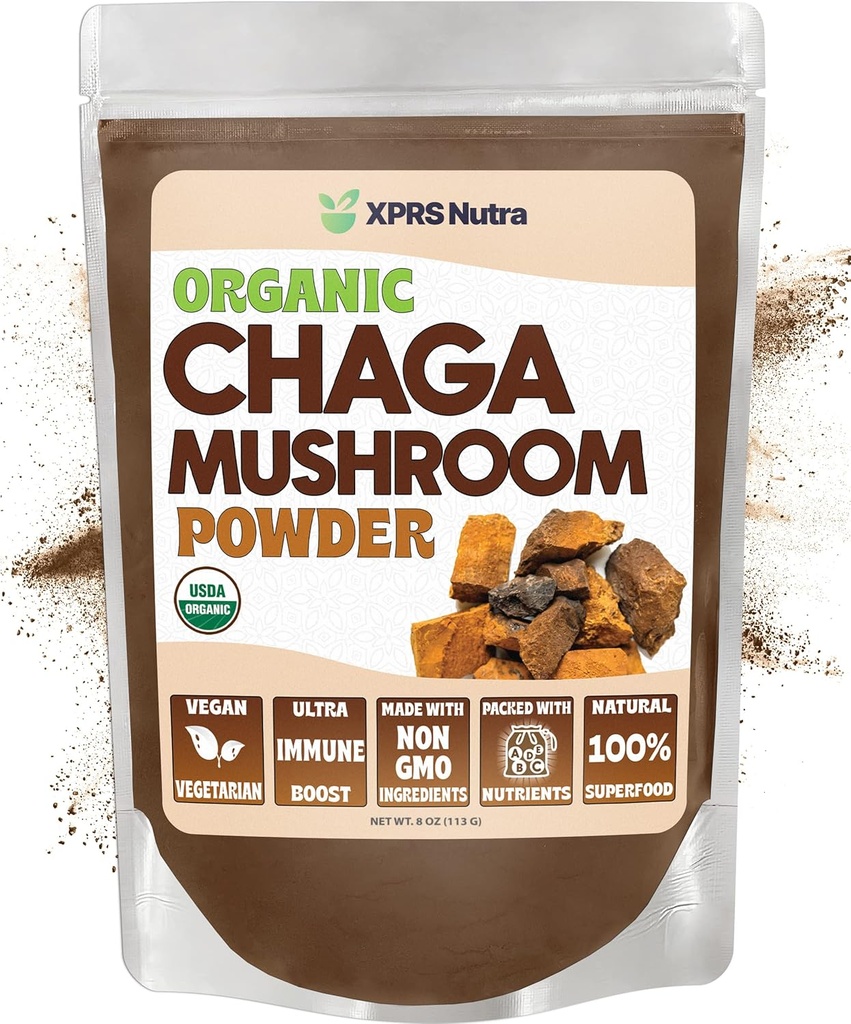 XPRS Nutra Bio Chaga Poudre de Champignons - Premium USDA Bio Chaga Poudre de Champignons - Chaga Poudre soutient la santé immunitaire - Vegan Friendly Superfood pour le thé et les boissons de Chaga (8 oz)