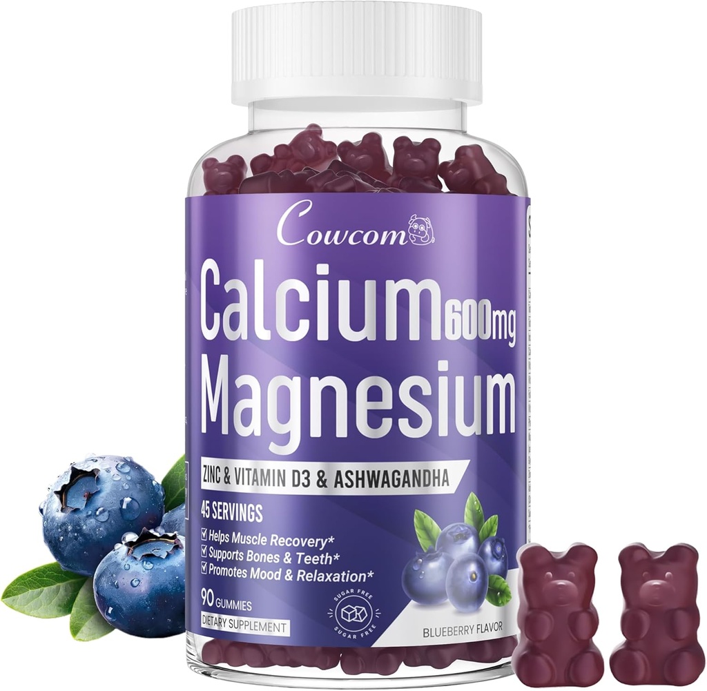 Calcium Magnésium Zinc Gummies & Vitamine D3,B6,B12,Immune & Support Bone Health Supplément de calcium Magnésium pour les femmes hommes, sans sucre Vegan Blueberry aromatisé 90 comtes