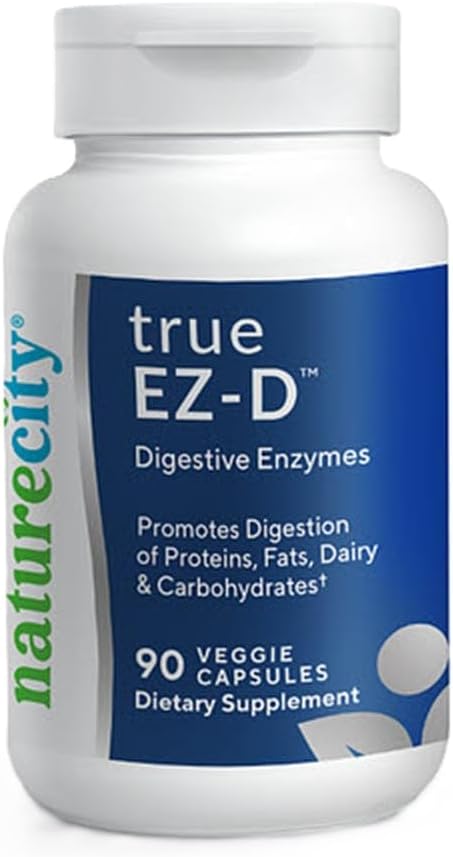 NatureCity True-EZ-D Supplément complexe d'enzymes digestives non OGM pour la santé digestive et le soulagement du ballonnement pour les hommes et les femmes (90 Capsules de Veggie) Super enzymes