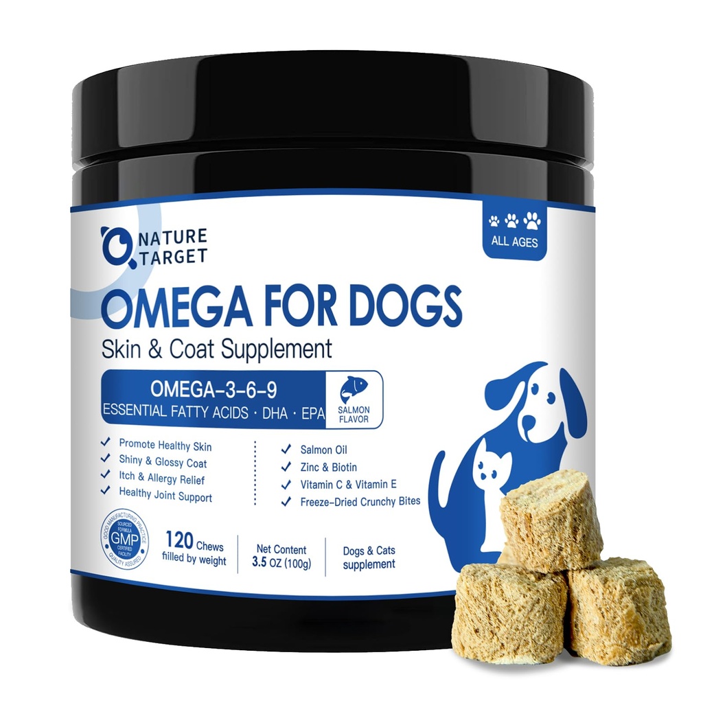 NATURE TARGET Omega 3 Huile de poisson pour chiens, Huile de saumon pour la peau et supplément de manteau avec EPA & DHA Acides gras - Chien démangeaison et soulagement de l'allergie, Anti Shedding, Traitement des taches chaudes - Hip & Joint Support - 120ct