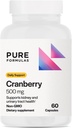 PureFormulas Cranberry 500 mg - Soutient la santé rénale et urinaire - Supplément antioxydant pour la protection immunitaire et la santé cellulaire - Pilules de canneberge pour les femmes et les hommes - Non-OGM - 60 capsules