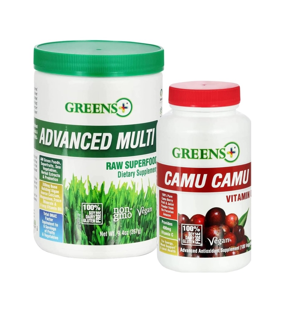 Verts+ Avancé Multi Raw Superfood poudre mélange biologique sain, non-OGM, sans soja/lait/gluten Camu Camu supplément vitamine C Berry pur Superfruit 400mg vitamine C, 120 capsules de légumes