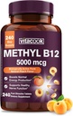 Vitamine B12 Sublingual, méthylcobalamine 5000mcg pour la production d'énergie, l'énergie, le soutien des nerfs et des cellules, l'arôme naturel de pêche, végétalien, sucre zéro, 240 comprimés à dissolution rapide