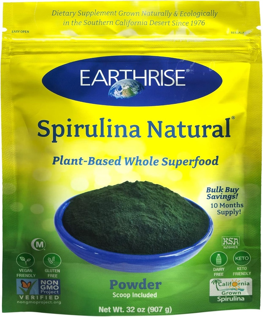 Earthrise Spiruline poudre naturelle 32oz, Spiruline naturelle Premium de Californie-Végétalienne, sans gluten, Keto Friendly, non-OGM Super Food haute en vitamines et minéraux. (2 LB)