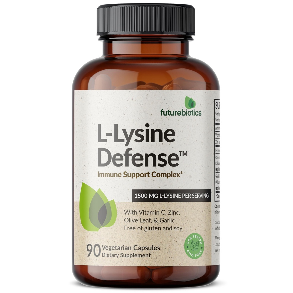 Futurebiotics L-Lysine Defense Immune Support Complexe 1500 MG par portion avec vitamine C, zinc, feuille d'olive et ail - Non-OGM, 90 Capsules végétariennes