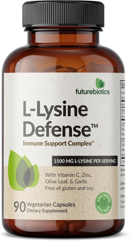Futurebiotics L-Lysine Defense Immune Support Complexe 1500 MG par portion avec vitamine C, zinc, feuille d'olive et ail - Non-OGM, 90 Capsules végétariennes