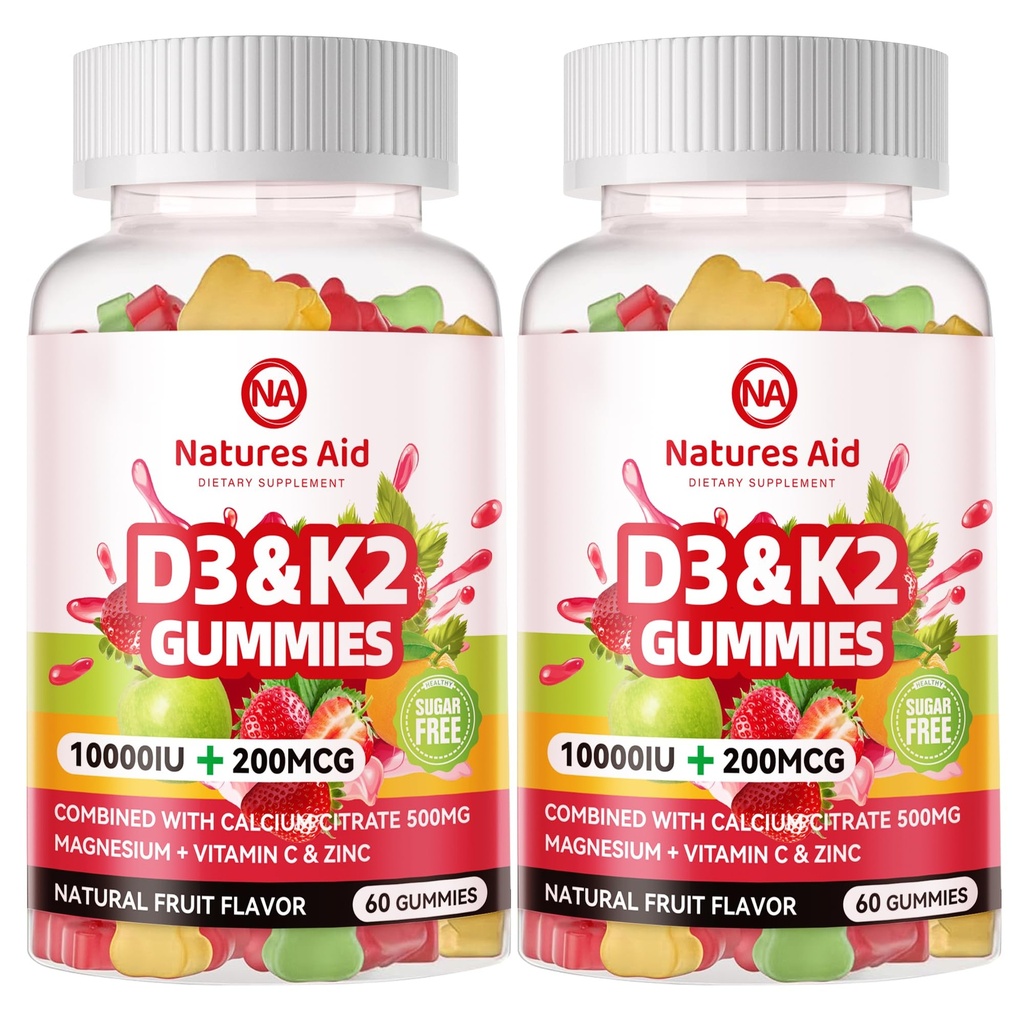 Natures aide la vitamine sans sucre D3 K2 Gummies avec Calcium + K2 (MK-7), Citrate de magnésium, Vitamine C, Extra Force - Absorption ultime pour les dents osseuses, Vegan - 120 Gummies