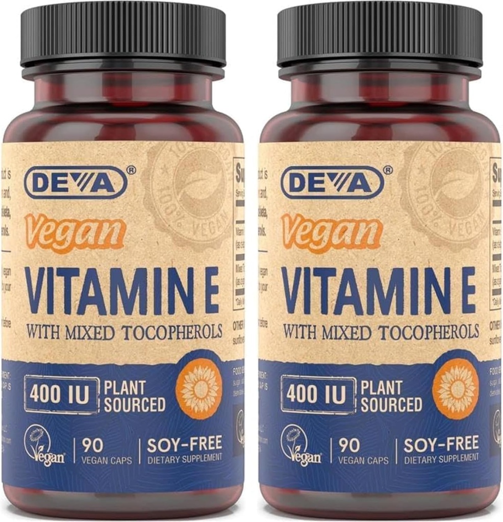 DEVA Vitamine E 400UI de source naturelle végane avec tocophérols mélangés, sans soja – 90 capsules de vésicule (paquet de 2)
