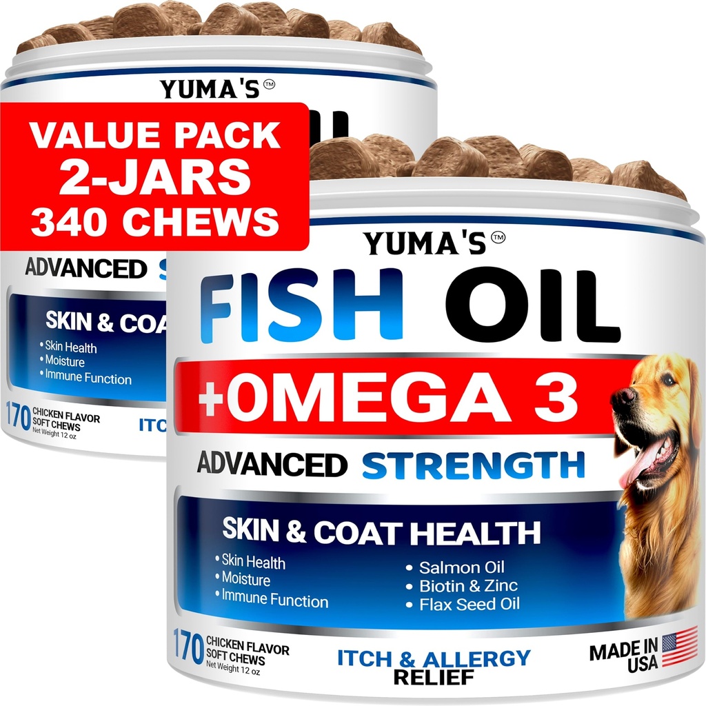 (2 Pack) Omega 3 Huile de poisson pour chiens - 170 Chews - Supplément de peau et de manteau - Omega 3 pour chiens - Traitement de soulagement de la peau sec et démangeaisons - Traitement antidérapant antidérapant pour chiens - Saumon - Arôme de poulet