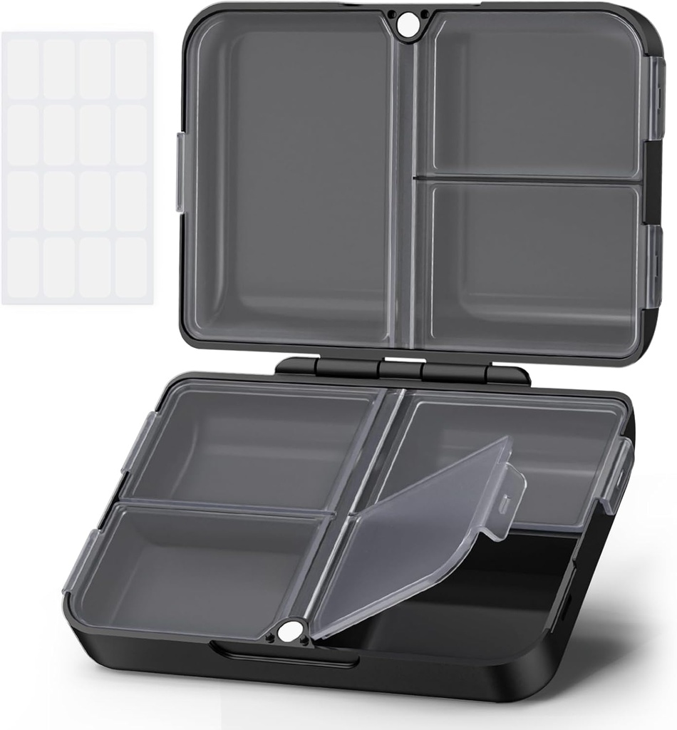 AUVON Daily Pill Organizer Fit with Your Purse or Pocket, Compact Travel Pill Box Case with Slim pliing Design and Long-lasting Hinges to Hold Vitamine, Fish Oil, Supplement or Bijoux(Black)