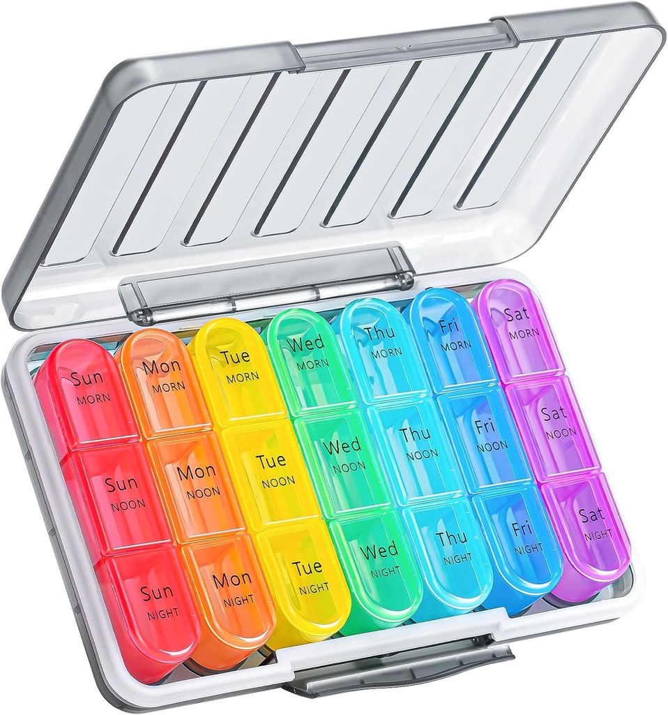 Zoksi Hydratant-Proof Pill Organizer 3 fois par jour, scellé hebdomadaire Pill Box 7 Day, grand quotidien Pill Box Organizer, organisateur de médicaments de voyage, conteneur de pilule portable avec 21 compartiments pour tenir des médicaments