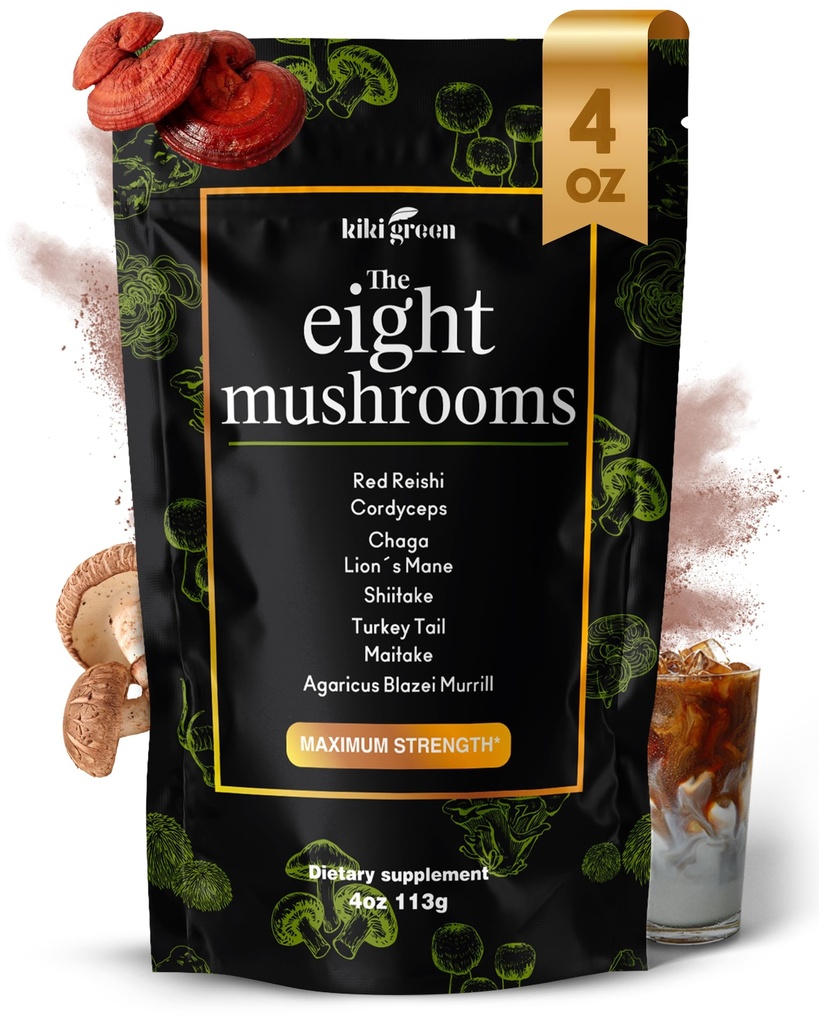 Extrait de poudre de champignons vert KIKI 8 - Complexe adaptogène 4 oz pour café et smoothies - Lion's Mane, Chaga, Reishi, Cordyceps, Maitake, Shiitake - Focus et énergie