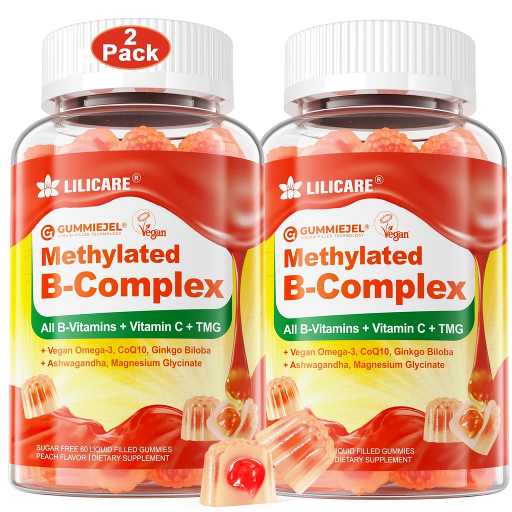 Gummées remplies de Super Vitamine B complexe pour femmes et hommes, méthylées avec Oméga 3, Magnésium, CoQ10, Ashwagandha, Vitamine C, TMG, Sans sucre - 60 Compte (paquet de 2)