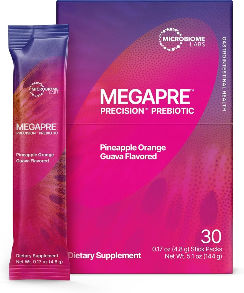 Microbiome Labs MegaPre Poudre de fibre prébiotique pour femmes, hommes et enfants - Poudre de supplément de fibre prébiotique pré-dosée avec Oligosaccharides testés cliniquement - Pineapple Orange Guava (30 paquets de boissons)