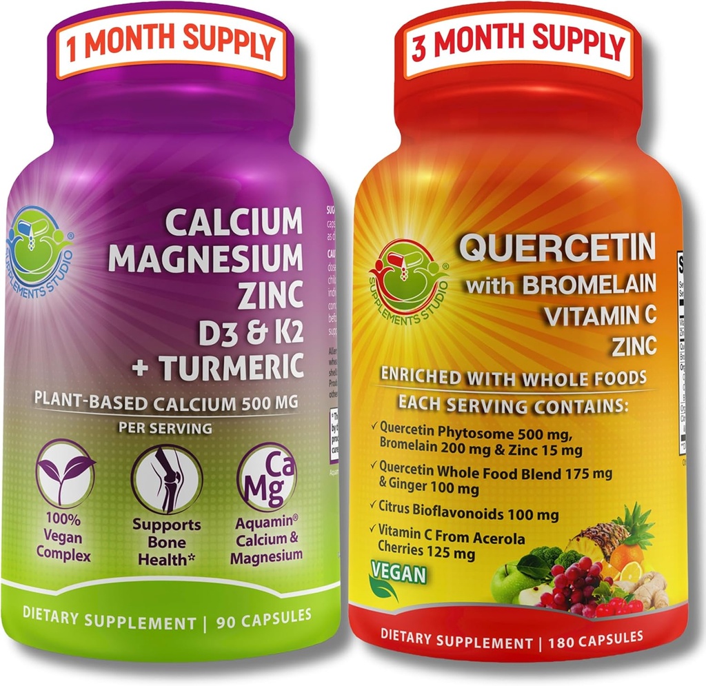 SUPPLÉMENTS STUDIO Quercetine avec Bromelain, Vitamine C & Zinc + Calcium à base de plantes, Magnésium, D3, K2 & Turmeric – Supplément 100% végétalien pour le support immunitaire et os