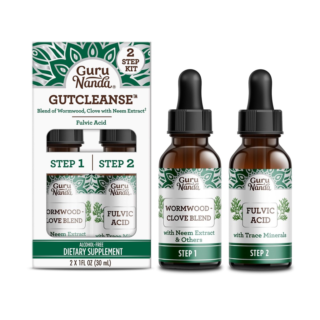 GuruNanda Gutcleanse 2-Step Kit - Supplément alimentaire pour aider à la digestion - Mélange d'acide fulvic, wormwood, clove et extrait de neem, 2x1 FlOz