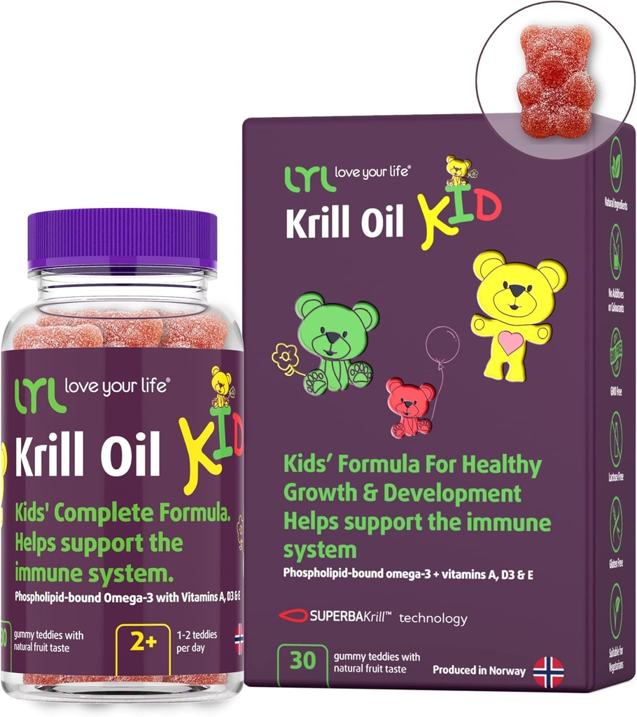 LYL Krill Oil Kid Gummy Bears avec vitamine D 3, vitamine E et vitamine A - Omega 3 pour une croissance et un développement sains - Gummy Bears avec goût orange, pomme et framboises (paquet de 30)