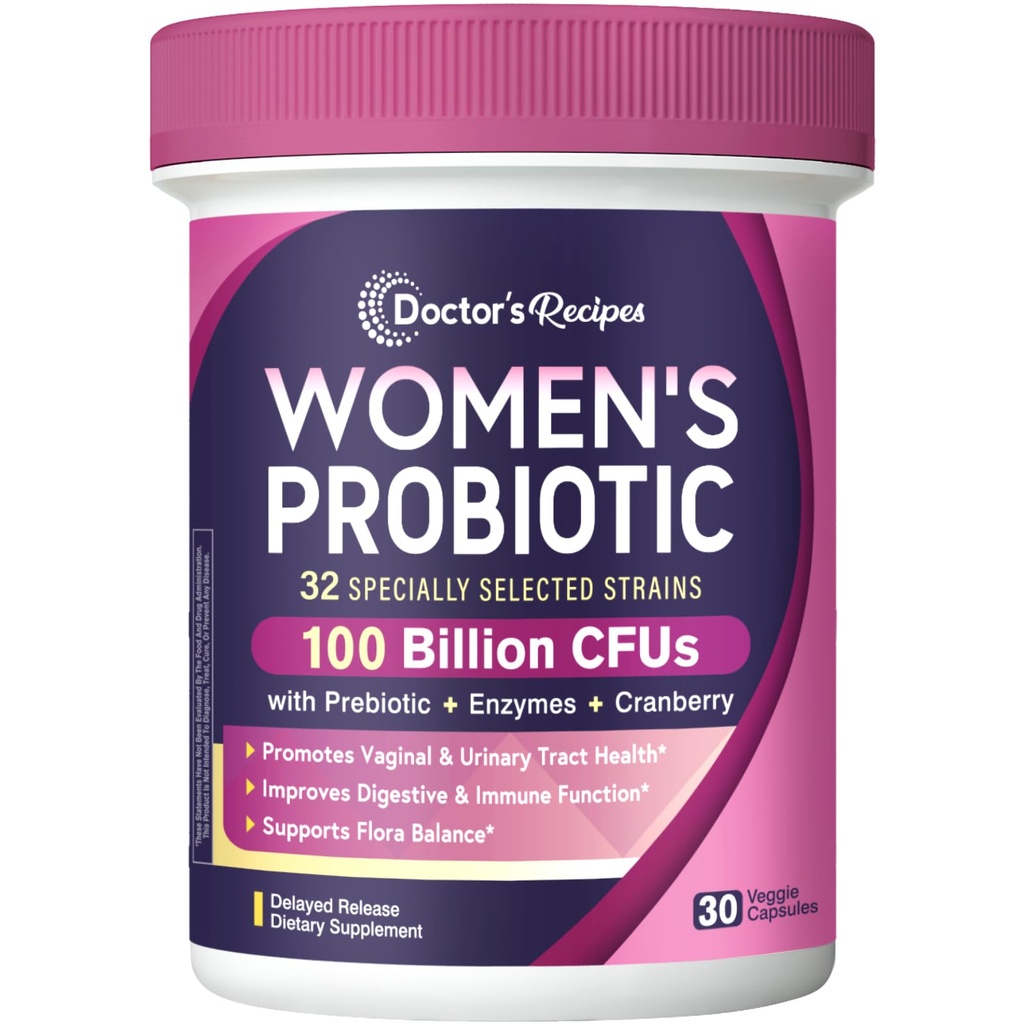 Doctor's Recipes Probiotics for Women, 100 Billion CFU 32 Strains, with Prebiotic, Enzymes & Cranberry, Shelf Stable, Delayed Release, 30 Caps