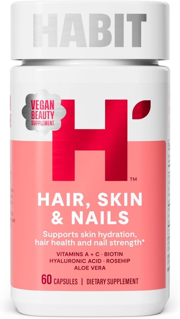 Supplément Habit cheveux, peau et ongles (60 capsules) - Nouveau look, soutient l'hydratation de la peau, les cheveux et la force des ongles, Biotine 2000mcg, vitamine A et C, acide hyaluronique, rose-hip, végétalien, non-OGM (1 paquet)