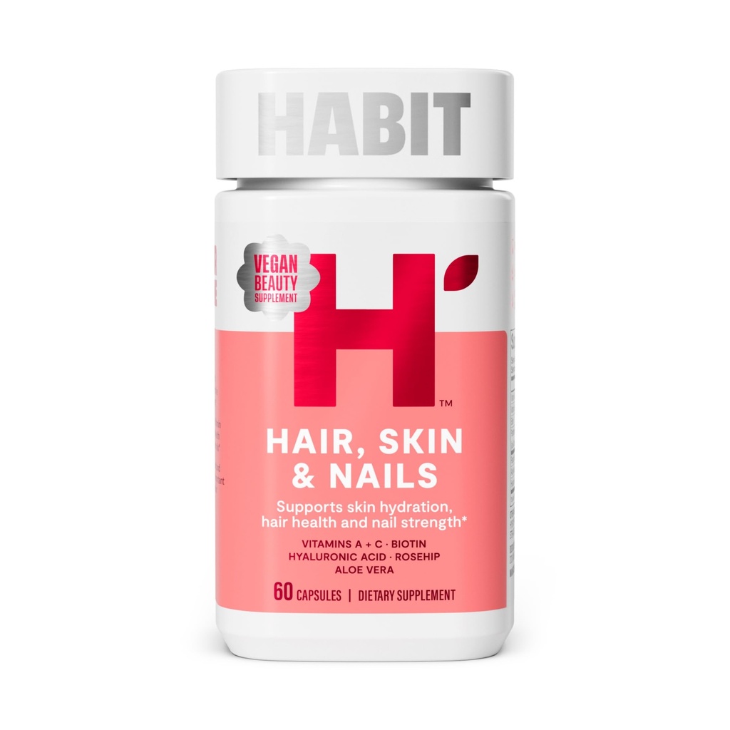 Supplément Habit cheveux, peau et ongles (60 capsules) - Nouveau look, soutient l'hydratation de la peau, les cheveux et la force des ongles, Biotine 2000mcg, vitamine A et C, acide hyaluronique, rose-hip, végétalien, non-OGM (1 paquet)
