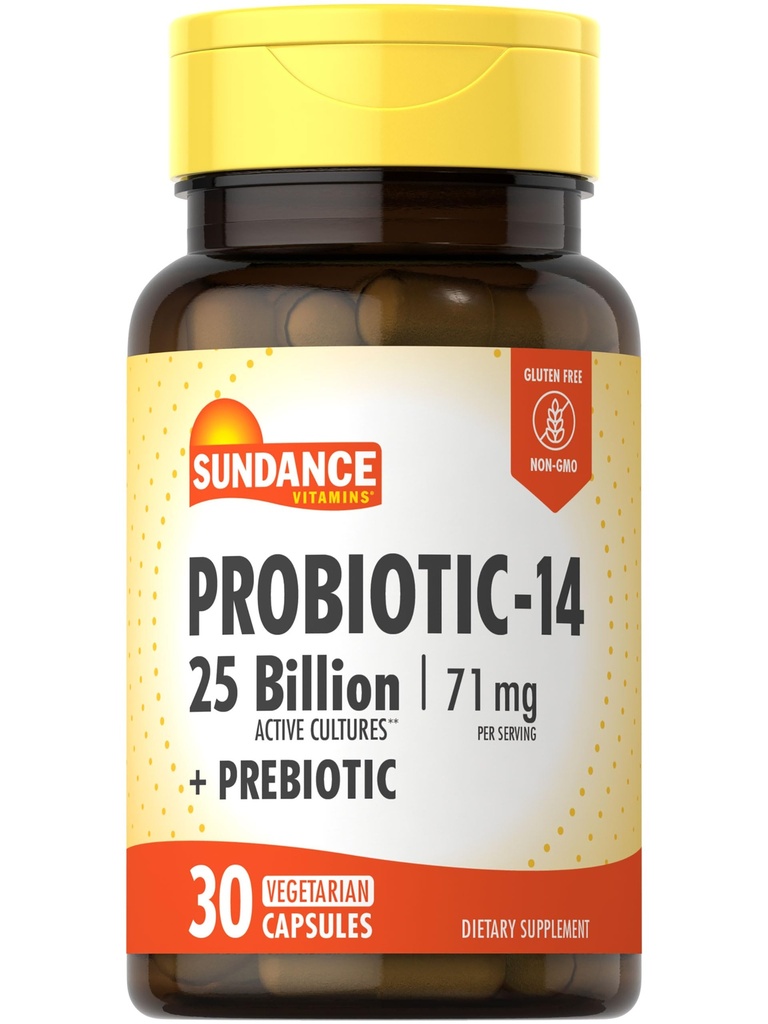 Sundance Probiotic-14 | 25 Billion Cultures | 30 Capsules | with Prebiotics | Vegetarian, Non-GMO, and Gluten Free Supplement