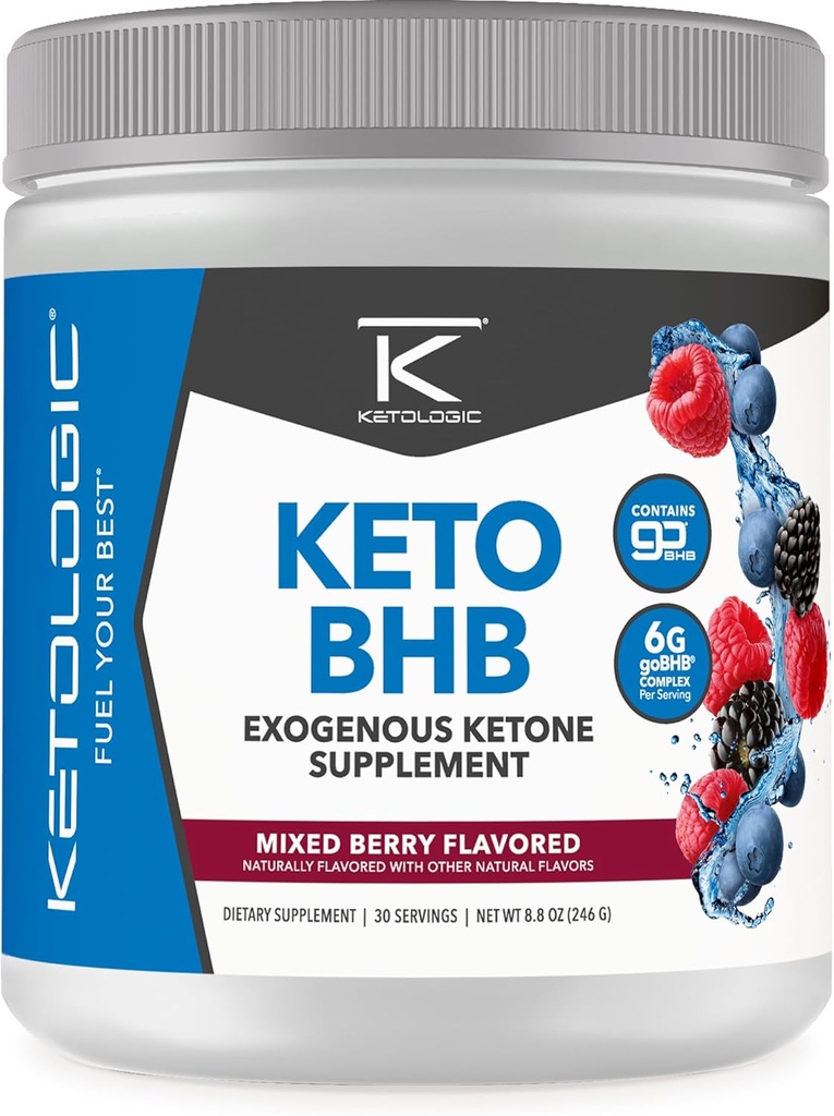 Ketologic Keto BHB (Mixed Berry Flavor) 30 Servings - Exogenous Ketone Supplement with goBHB, Beta-Hydroxybutyrate Salts