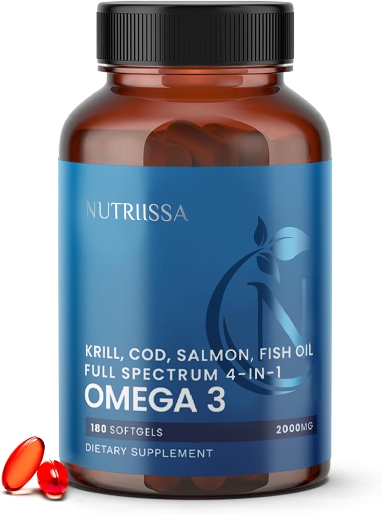 Nutriissa Full Spectrum Omega-3 – 2000 mg de mélange d'huile (huile de krill, de morue et de saumon) – 1175 mg Omega-3s (EPA, DHA et DPA) – EPEB certifié, 3 mois d'approvisionnement – Cœur, cerveau et soutien articulaire – 180 softgels halaux