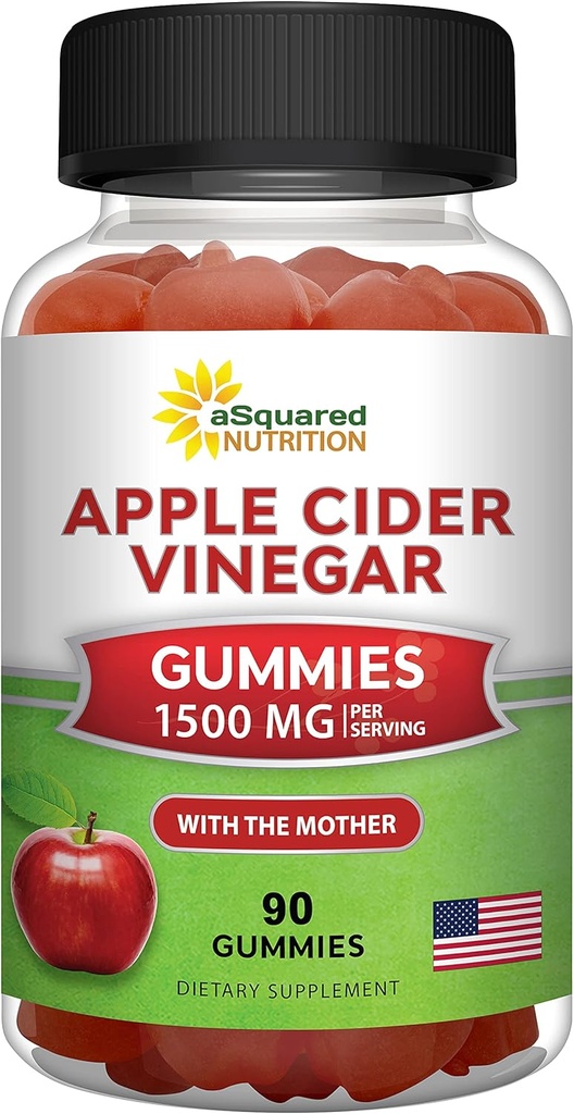 aSquared Nutrition Gummies de vinaigre de cidre de pomme - 1500mg avec la mère - 90 Gummies de vinaigre de cidre de pomme avec/Vitamine B6 & B12, Acide folique - Supplément Gummy végétalien Alternative aux pilules et boissons