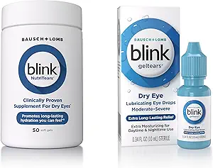 Blink GelTears gouttes oculaires pour les yeux secs, Gel Lubrifiant gouttes oculaires, hydratant et extra longue durée soin des yeux hydratant + Blink NutriTears cliniquement prouvé supplément pour les yeux secs, 50 Softgels