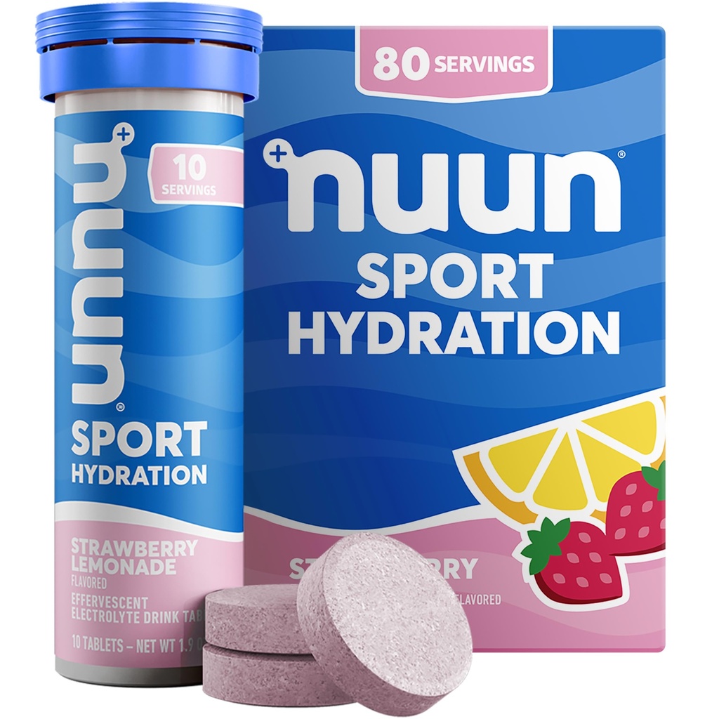 Comprimés électrolytes Nuun Sport avec Magnésium, Calcium, Potassium, Chlorure et Sodium, Sans gluten et Vegan, Lémonade aux fraises, 8 Pack (80 portions Total)