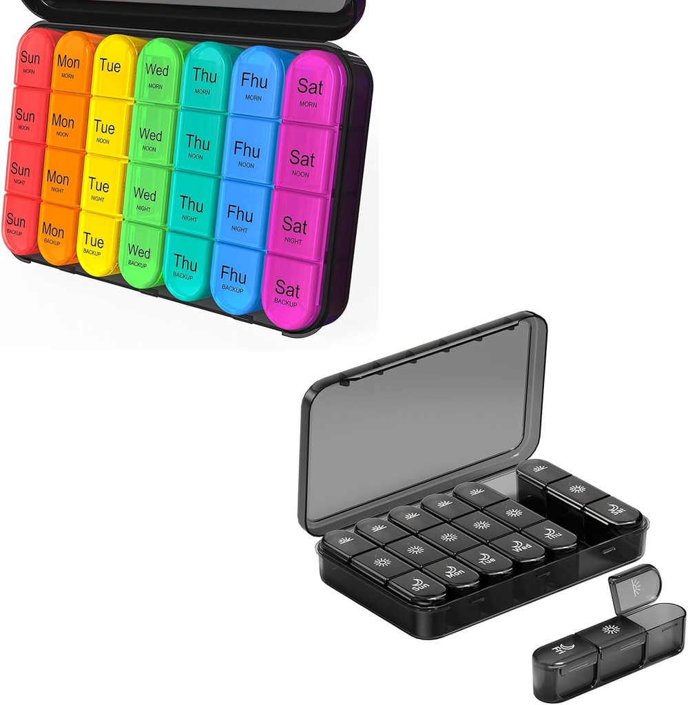 Daviky Pill Organizer 4 fois par jour - Pill Organizer 3X par jour, Pill Box 7 jours, grand cas de médecine hebdomadaire pour voyager avec des contenants amovibles pour tenir les vitamines quotidiennes, suppléments et médicaments