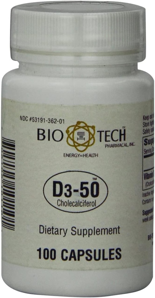 Bio-Tech Pharmacal D3-50 50 000 UI, 100 gélules Supplément tout naturel Soutient la santé des os, du coeur neuromusculaire et immunitaire