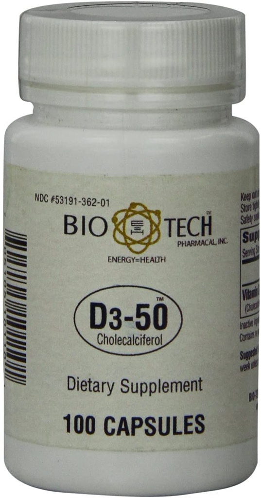 Bio-Tech Pharmacal D3-50 50 000 UI, 100 gélules Supplément tout naturel Soutient la santé des os, du coeur neuromusculaire et immunitaire