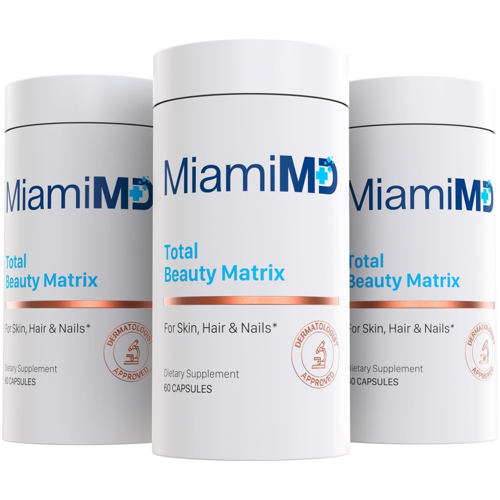 MiamiMD Total Beauty Matrix Collagen Suppléments pour femmes - Capsules de collagène avec vitamine C pour cheveux, peau et ongles - Sans cruauté - (60 Capsules) - 3 Pack
