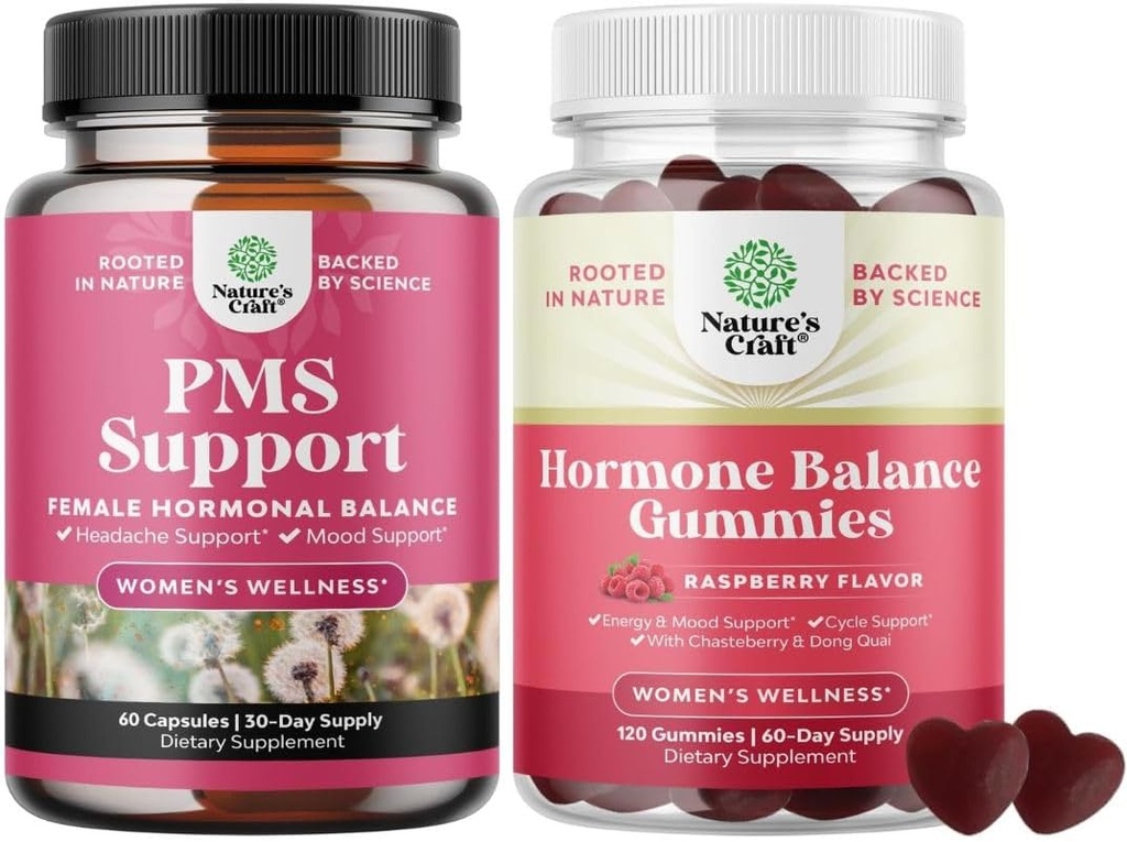 Ensemble de PMS Support avec DIM, Chasteberry, Black Cohosh & Ashwagandha pour périodes Crampes Ménopause Bloating Mood Swing and Hormone Balance Gummies Support Cycle menstruel avec Vitamine B6 & Dong Quai