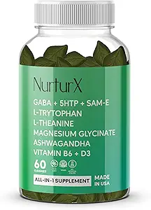 GABA + 5-HTP + SAM-e, L-Tryptophan, L-Theanine, Ashwagandha Gummies, All-in-One Natural Supplement, Made in USA, Vegan, 60 Gummies