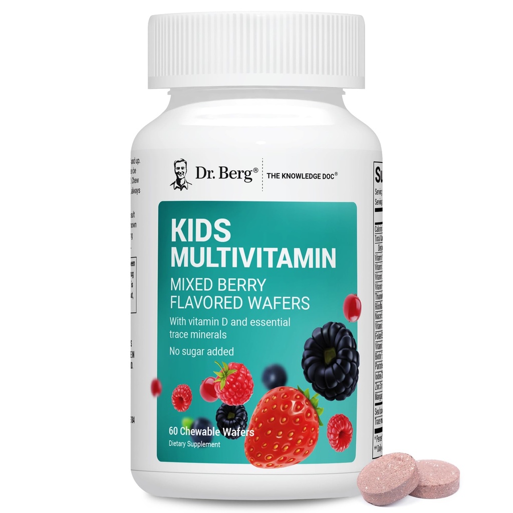 Dr Berg Kids Chewable Multivitamines (NOT Sweetened w/Sugar) - Multivitamine quotidienne pour les enfants qui comprend 20 nutriments et complexe minéral de traces - Mélange de vitamines à mâcher pour les enfants - Wafers rouges