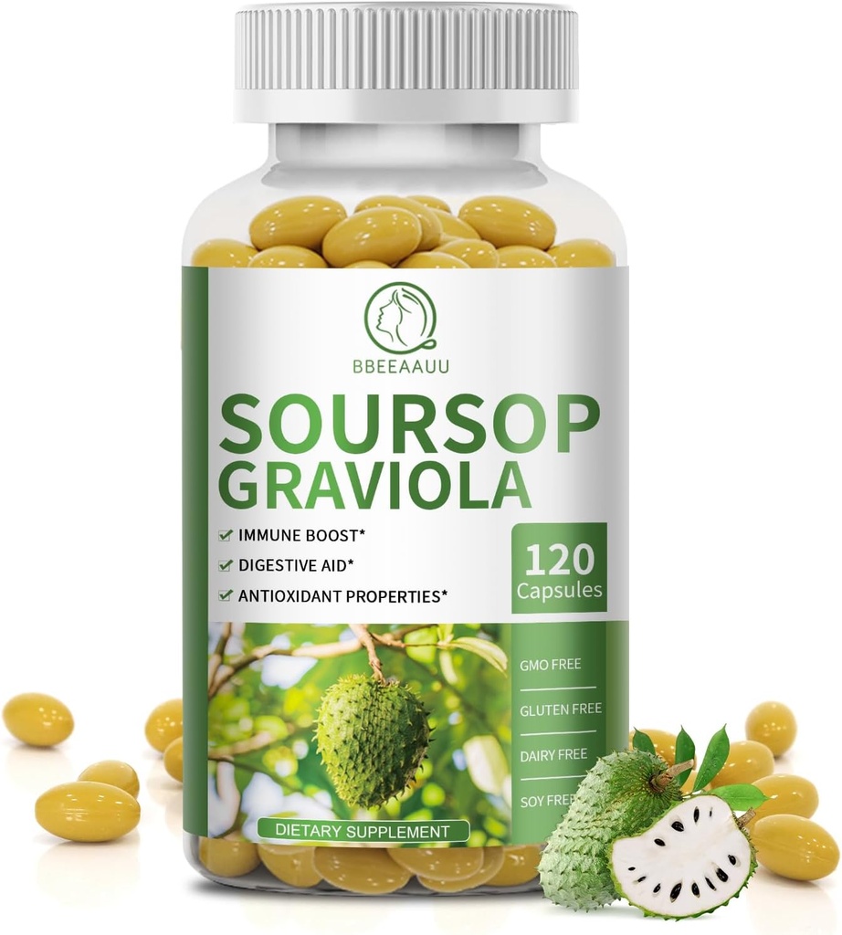 Sourop Graviola Capsules avec Kelp, pour la régénération cellulaire, améliore l'immunité, le soutien digestif, propriétés antioxydantes, sans gluten, non OGM, végétalien, 120 comtes
