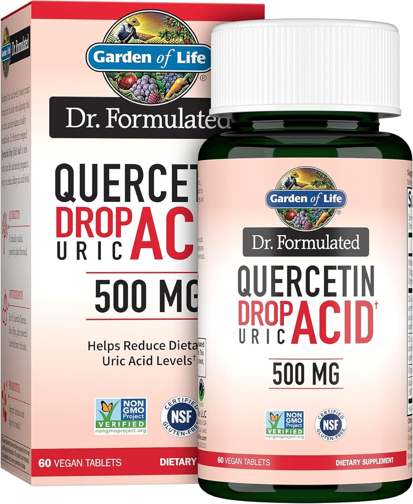 Garden of Life Quercetin Probiotic & Uric Acid Support avec Tart Cherry, Vitamine C d'Acerola biologique et Rose HIPS Plus Luteolin – Dr Formulé – Sans gluten et sans OGM – 60 comprimés