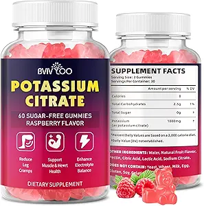 Citrate de potassium Gummies pour adultes, Potassium sans sucre 1000mg Soutien Crampes de jambe et équilibre électrolyte haute puissance 60 Compte
